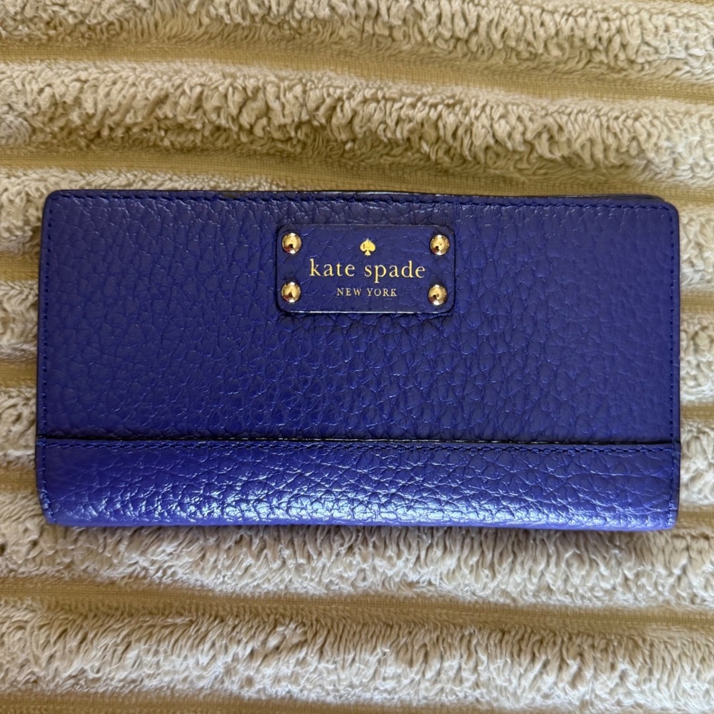 Kate Spade New York Purple Pebbled Leather Bifold Wallet Gold Logo Slim